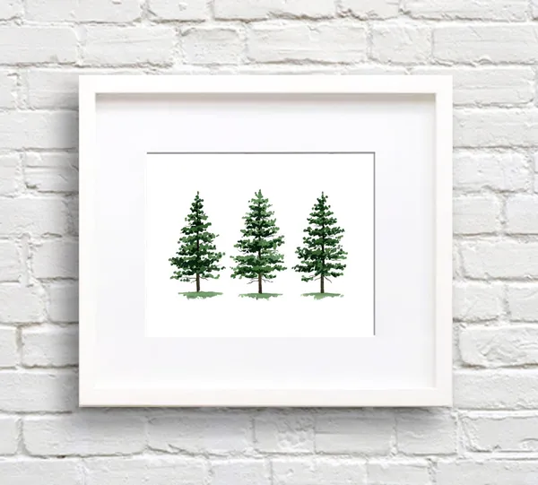 Pine Trees Watercolor Art Print, Nature Wall Decor