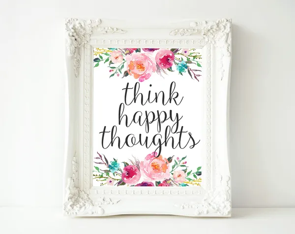 Think Happy Thoughts Floral Typography Art Print