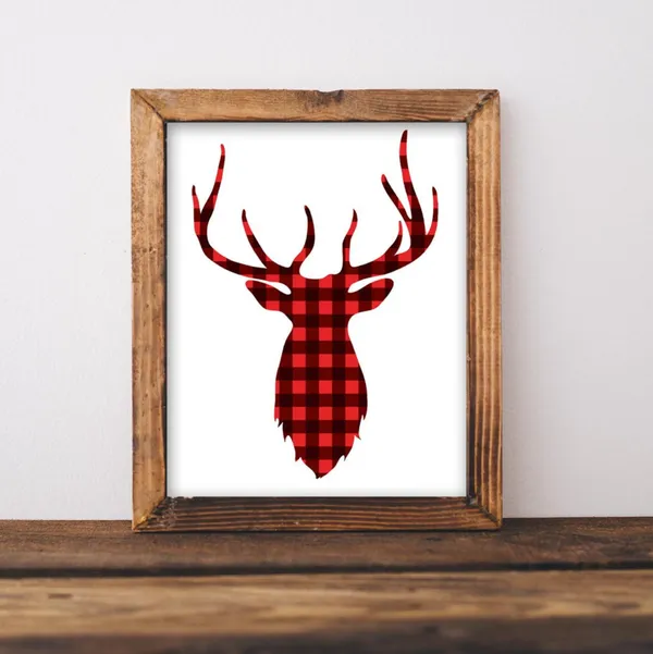 Christmas Deer Print, Rustic Red Plaid Holiday