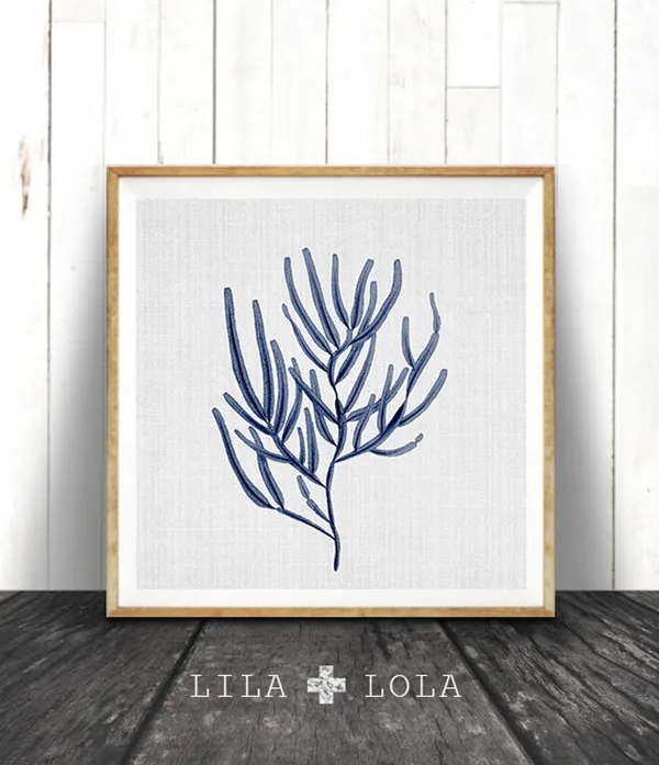 Indigo Coral Print, Coastal Seaweed Illustration