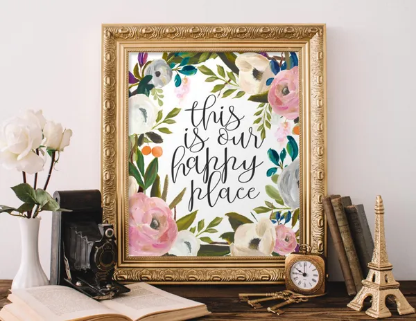 Our Happy Place Quote Floral Apartment Art Print