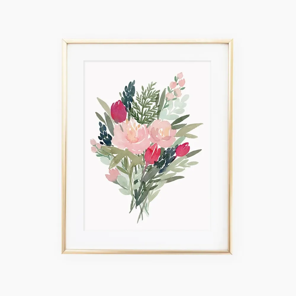 February Watercolored Floral Bouquet Art Print