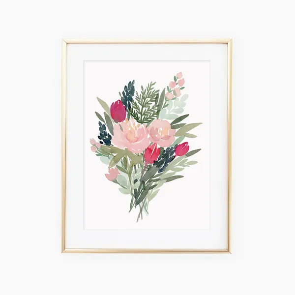 February Watercolored Floral Bouquet Art Print