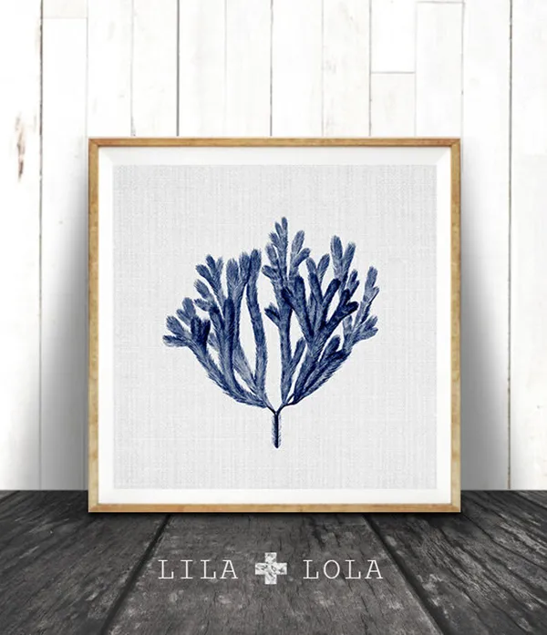 Navy Blue Coral Print, Coastal Seaweed Illustration