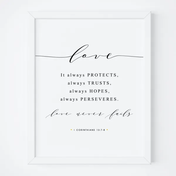 Love Never Fails 1 Corinthians 13:7-8 Art Print