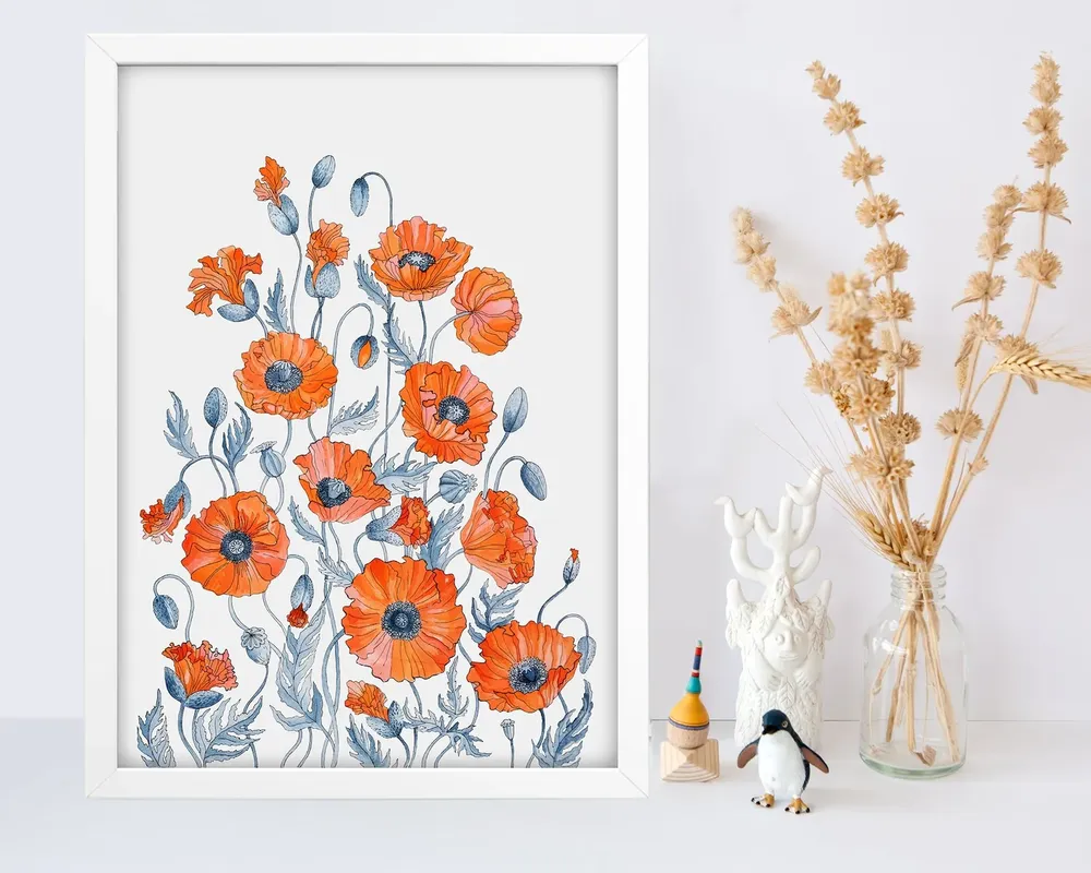 Red Poppies Watercolor Art Print, Botanical Floral - Image 3