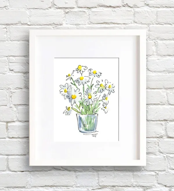 Daisies Watercolor Floral Art Print, Botanical Decor