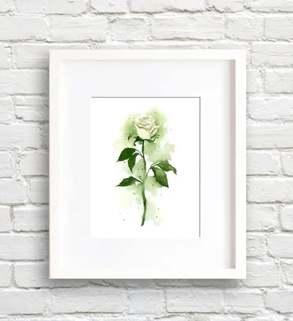 White Rose Watercolor Art Print, Floral Decor