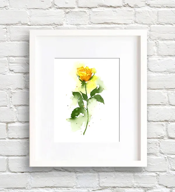 Yellow Rose Watercolor Art Print, Floral Decor