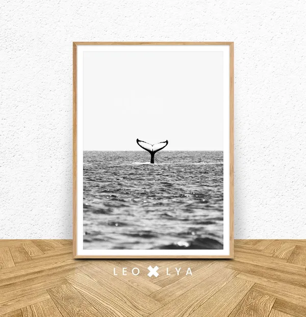 Black And White Ocean Beach Whale Tail Art Print