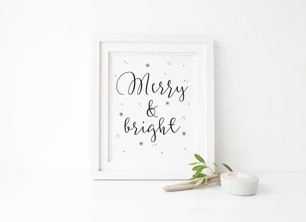 Merry And Bright Christmas Print, Black and White Art Print