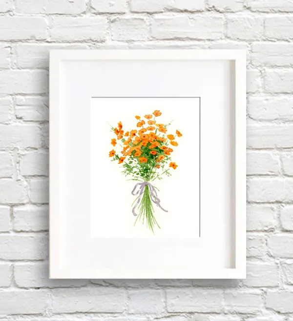 Watercolor Poppies Art Print, Orange Floral Bouquet