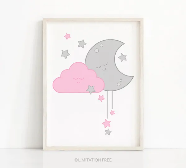 Pink And Gray Moon And Stars Nursery Art Print