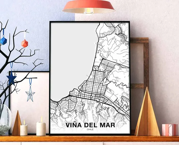 Vina Del Mar Chile Black White Minimalist City Street Map Poster