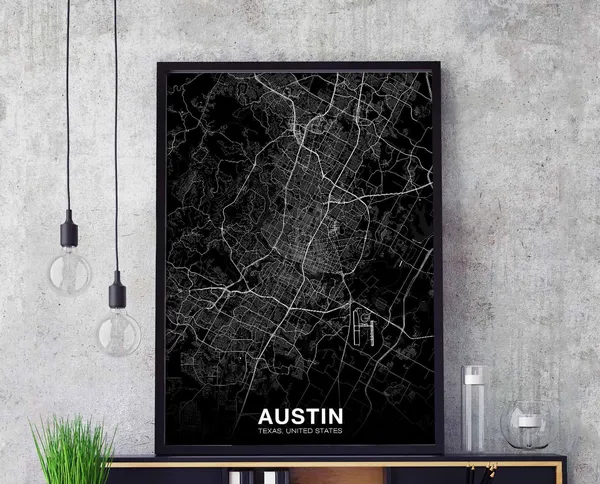 Austin Texas Map Poster, Black White Modern Art Print
