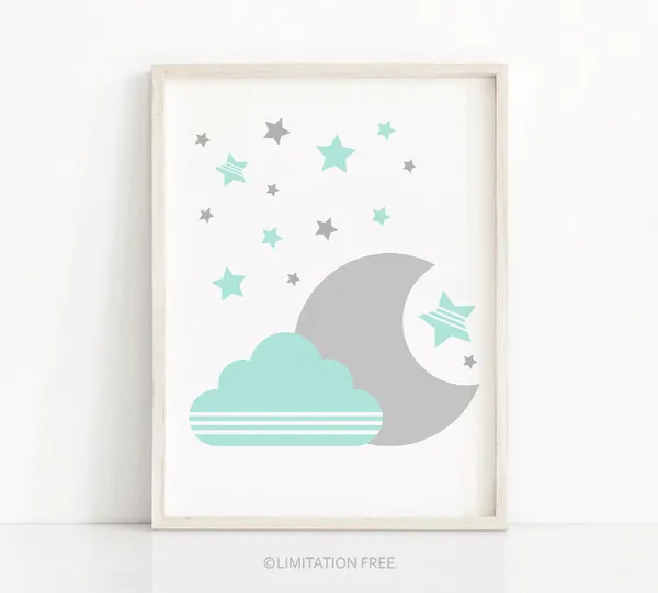 Moon and Stars Nursery Art Print, Mint Green Gray