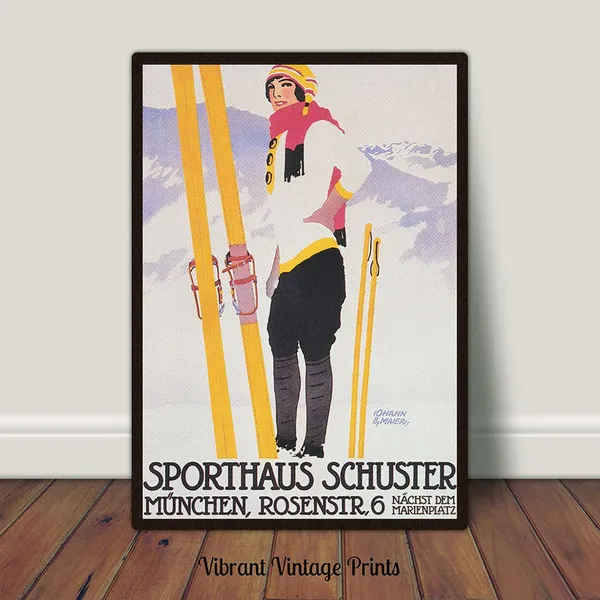 Germany Ski Vintage Travel Poster, Winter Retro Art Print