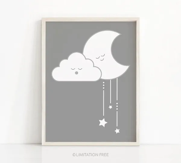 Moon and Stars Nursery Art Print, Gray Gender Neutral