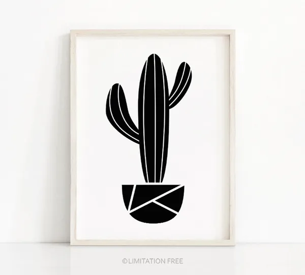 Cactus Black and White Minimalist Wall Art Print