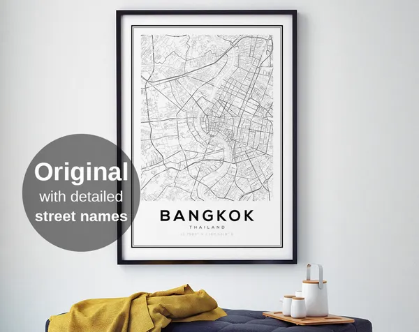 Bangkok City Map, Black White Minimalist Travel Poster