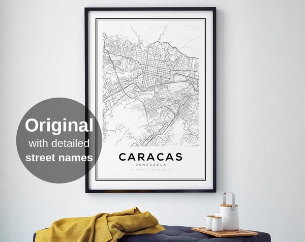 Caracas City Map Black White Minimalist Travel Poster