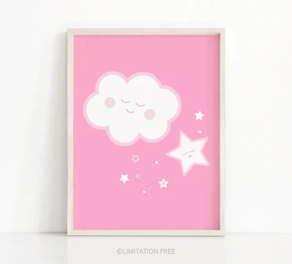 Pink Cloud Nursery Wall Art Print for Girl's Room