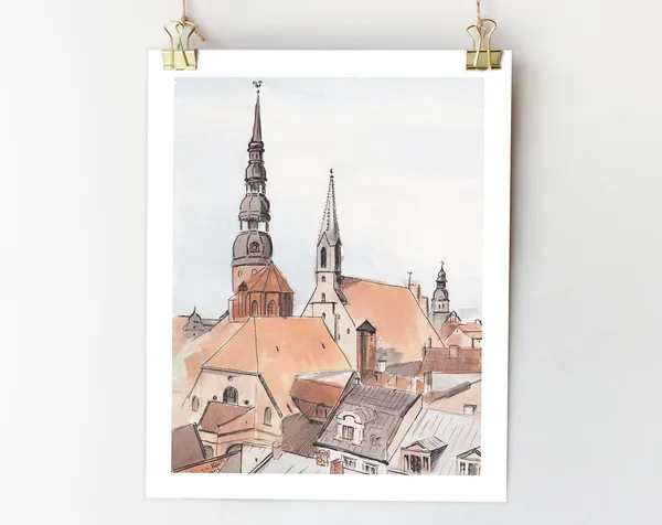 Riga Latvia St Peters Church Watercolor Sketch Art Print