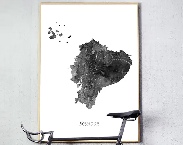 Ecuador Map Watercolor Poster, Black and White