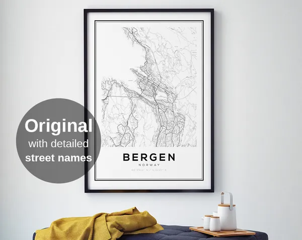 Bergen Norway Map Print, Minimalist Travel Poster
