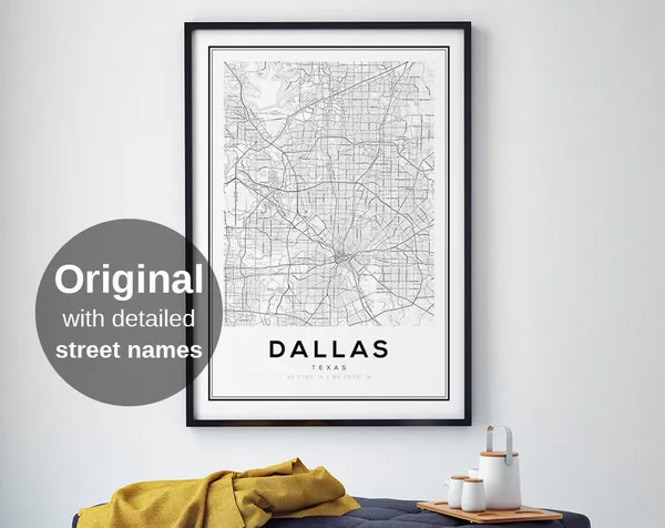 Dallas Map Print, Black and White Minimalist Travel Poster