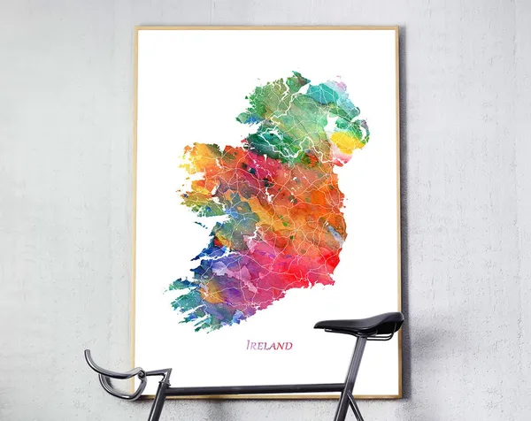 Ireland Watercolor Map Travel Poster, Home Office Decor