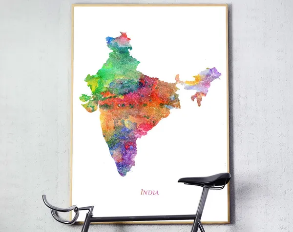 India Map Watercolor Art Print, Travel Poster