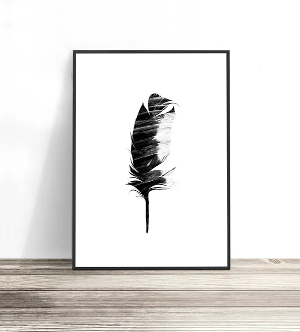 Boho Feather Art Print, Black and White Tribal Decor
