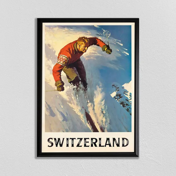 Swiss Skiing Poster, Retro European Travel Art