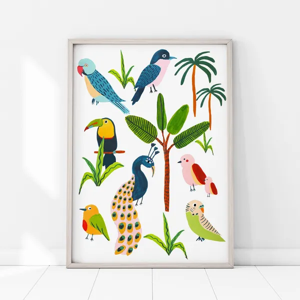 Tropical Bird Species Botanical Print, Nursery Wall Art