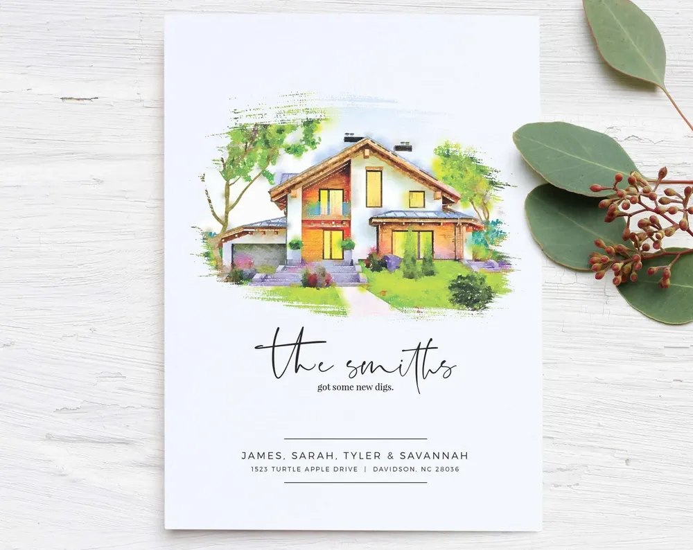 Custom House Portrait, Watercolor Moving Announcement