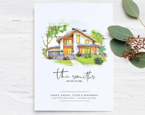 Custom House Portrait, Watercolor Moving Announcement
