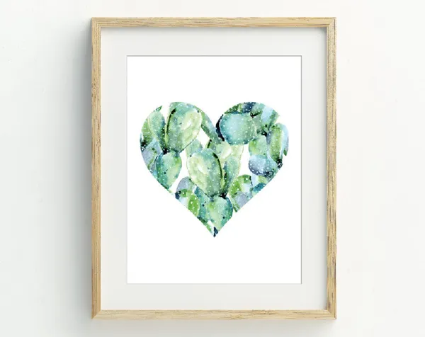 Cactus Heart Watercolor Art Print, Southwestern Decor