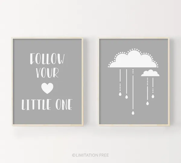 Cloud Nursery Art Print Set, Gray Nursery Decor