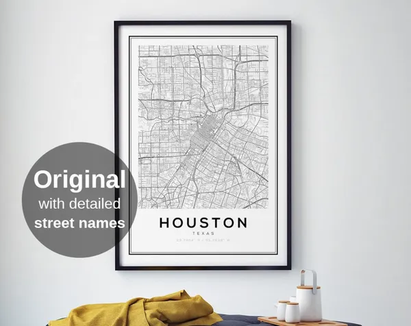 Houston Map Print, Black And White Minimalist Poster