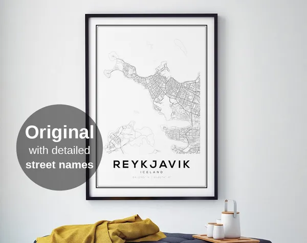 Reykjavik City Map Print, Minimalist Iceland Travel
