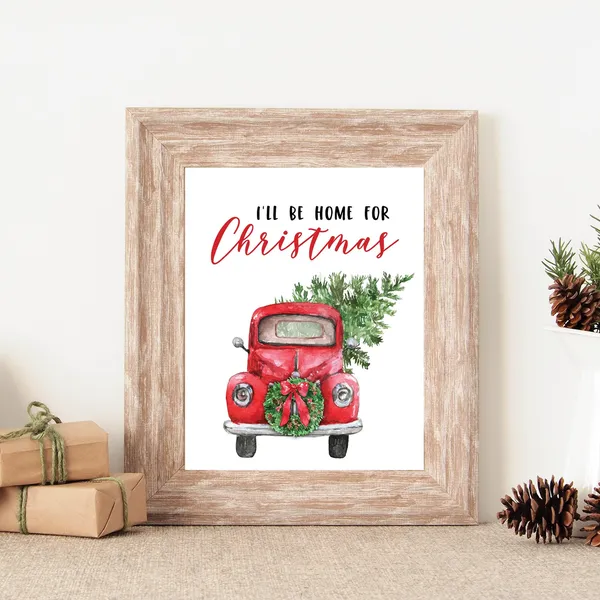 Red Truck Christmas Sign, Holiday Decor Art Print