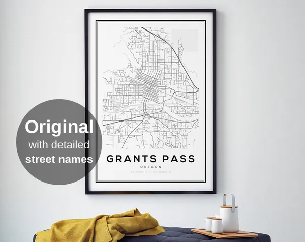 Grants Pass Map Print, Minimalist Oregon Travel Poster