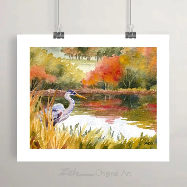 Great Blue Heron Watercolor Art Print, Autumn Pond