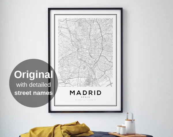 Madrid Map Print, Minimalist Black And White Travel Poster