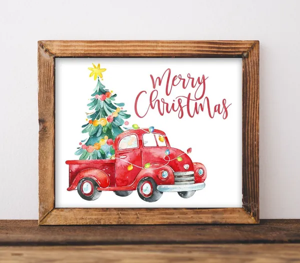 Merry Christmas Country Farm Red Truck Watercolor Art Print