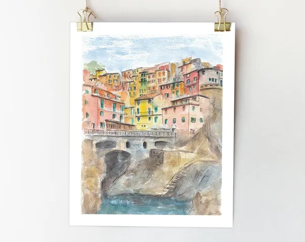 Cinque Terre Italian Riviera Watercolor Travel Poster