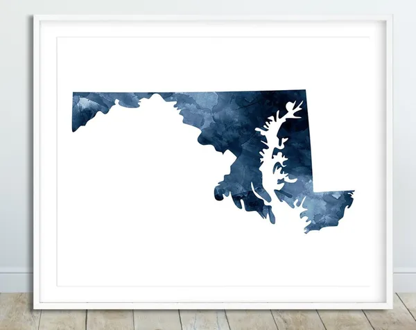 Maryland State Map Print, Navy Blue Watercolor