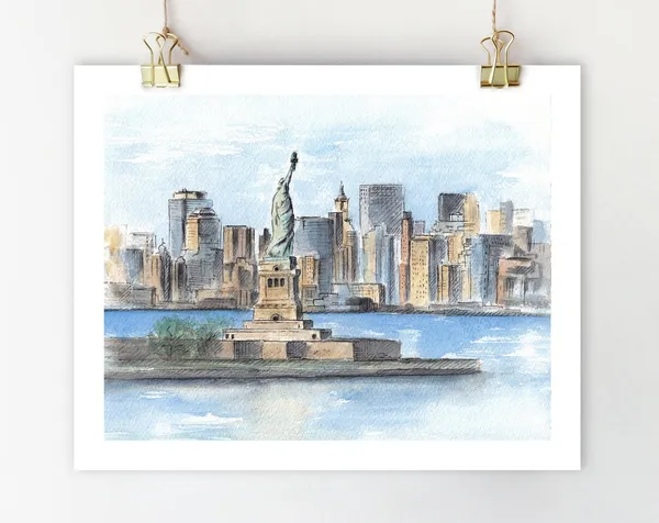 Statue Of Liberty Watercolor Print, NYC Skyline