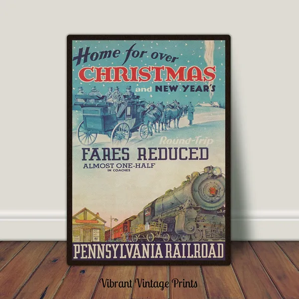 Christmas Train Vintage Holiday Wall Art Print
